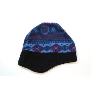 Vintage Strata Blue Purple Geometric Fleece‎ Beanie Winter Hat O/S Ear Flaps